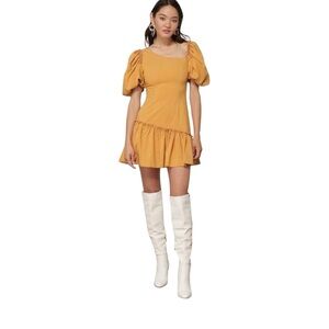 Marigold Line & Dot Ruffle Asymmetrical Puff Sleeve‎ Yoko Mini Dress Size Small